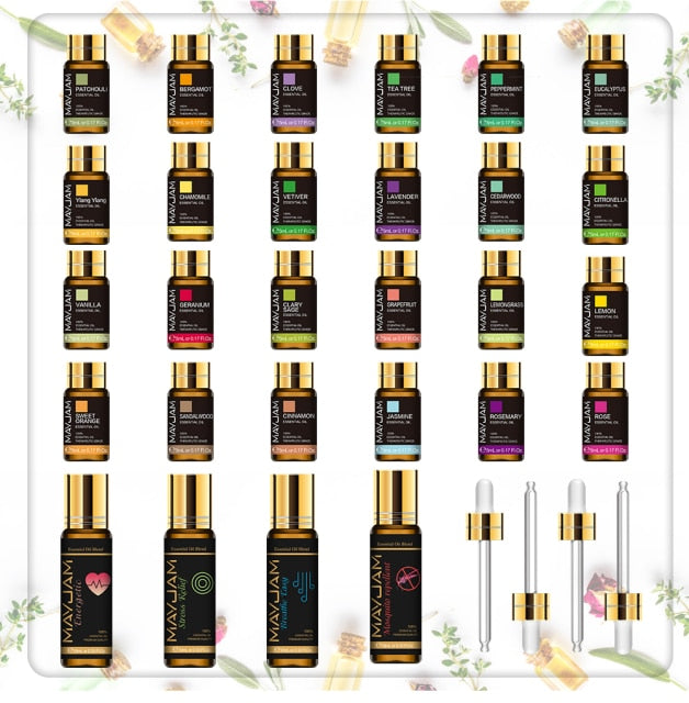 Essential Oils 28-piece Gift Box - Amazing body oils value / 4 refillable rollers / 4 droppers